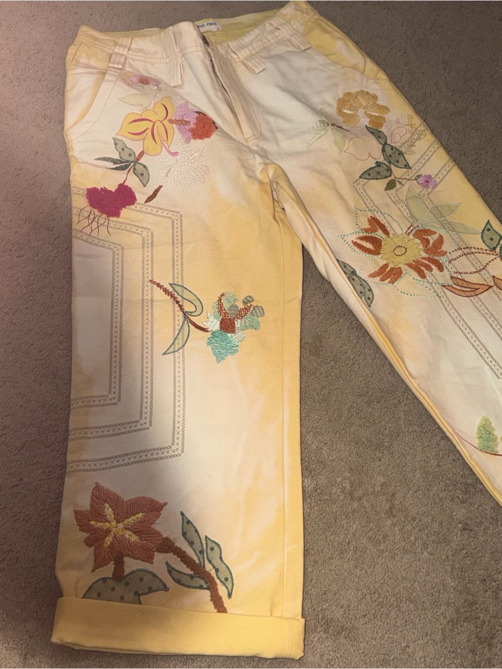 We The Free Cream and Yellow Embroidered Floral High-Waist Pants